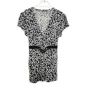 Apt 9 Petite top PM Dot Print Waist Accent V Neck Black White Stretch